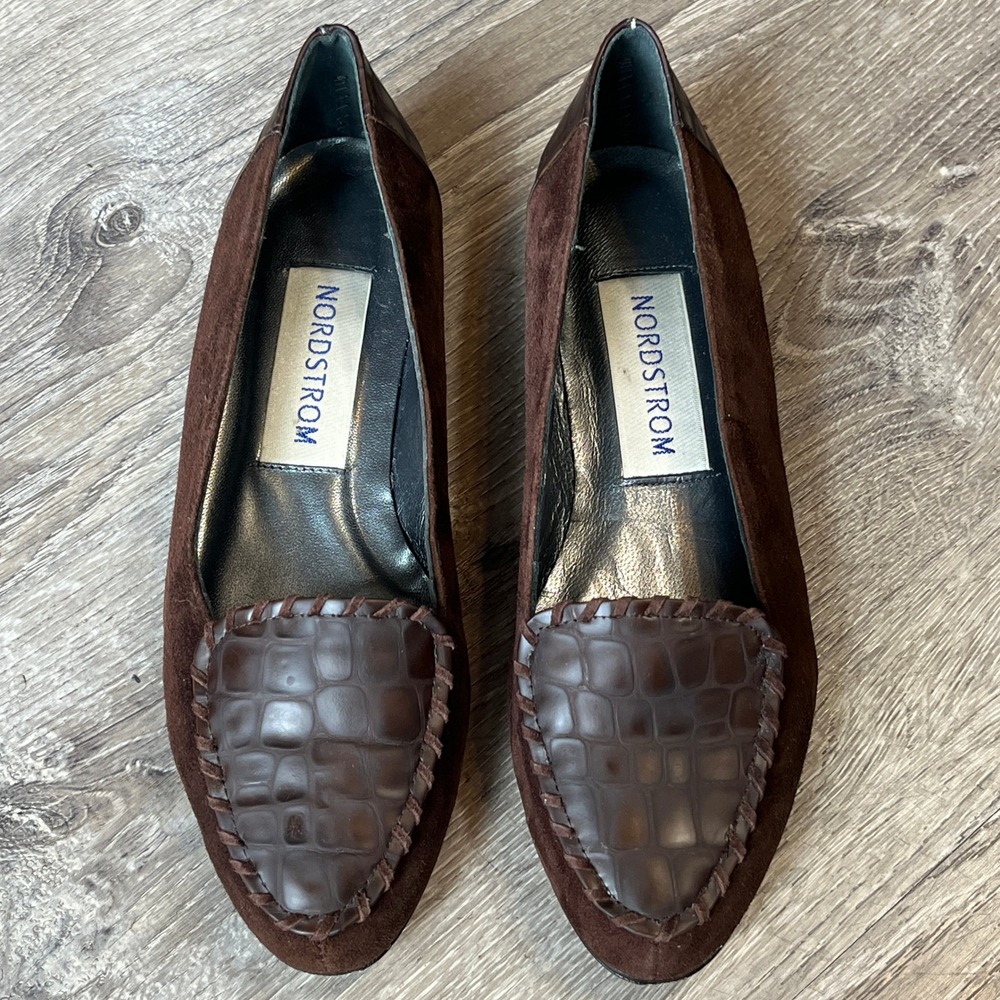 Nordstrom Brown Suede and Croc Embossed Leather Loafers Flats Size 6.5M